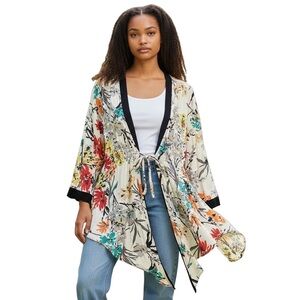 EMELEE Size M White Yellow Red Blue Black Floral Kimono Jacket Francesca’s R $59